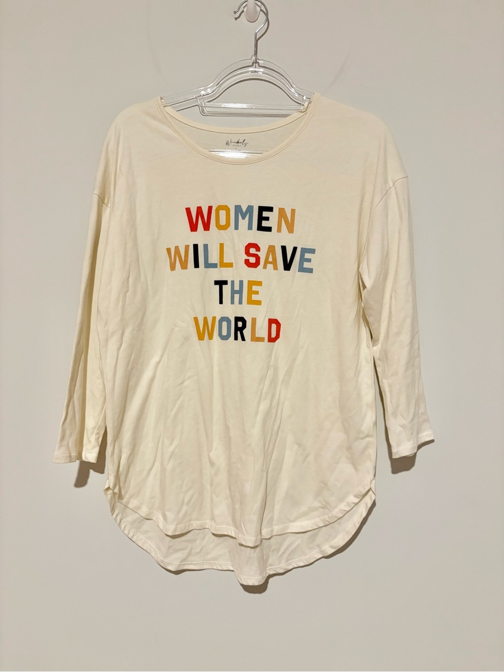 Wonderly Studio women will save the world curved hem long sleeve cream large